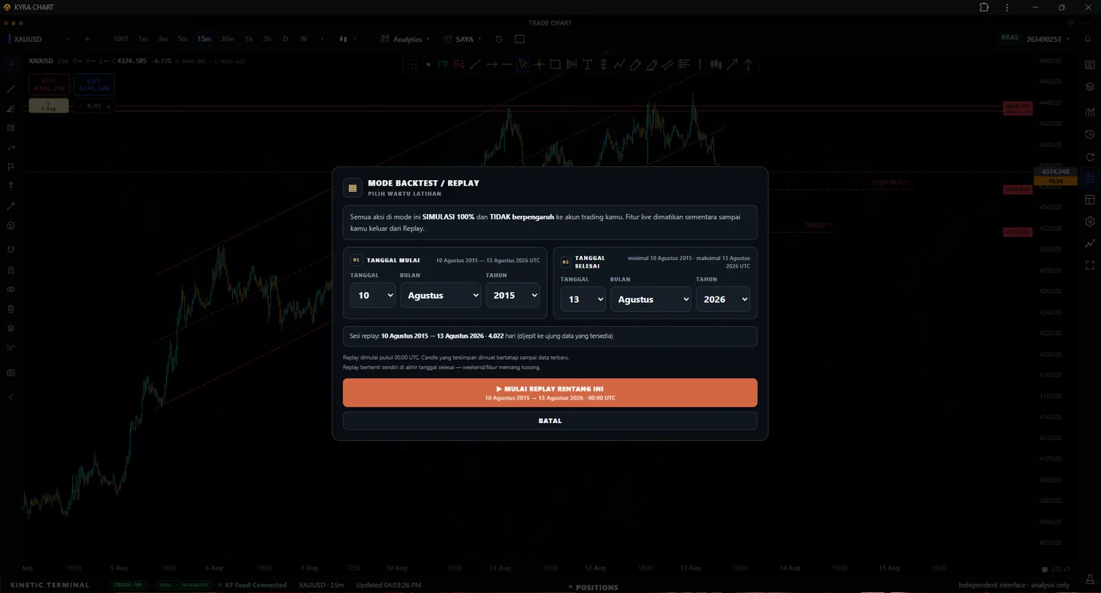 Dialog pengaturan replay KYRA Chart dengan kontrol tanggal, waktu, dan saldo awal